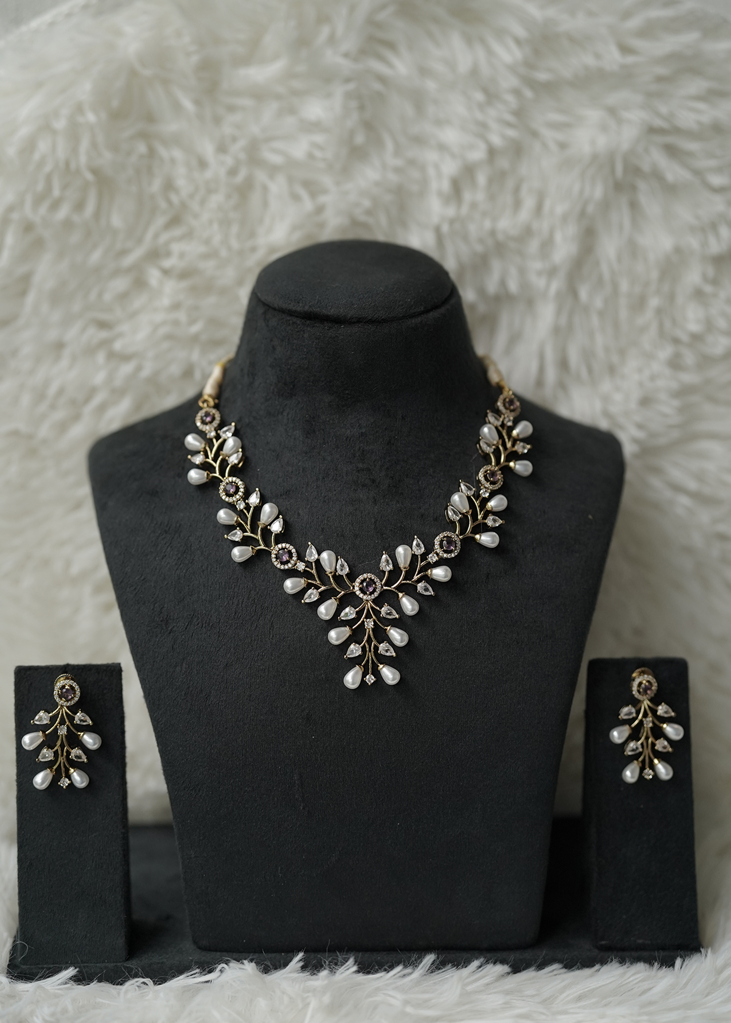 Gold-Plated AD Stone & Pearl Necklace Set