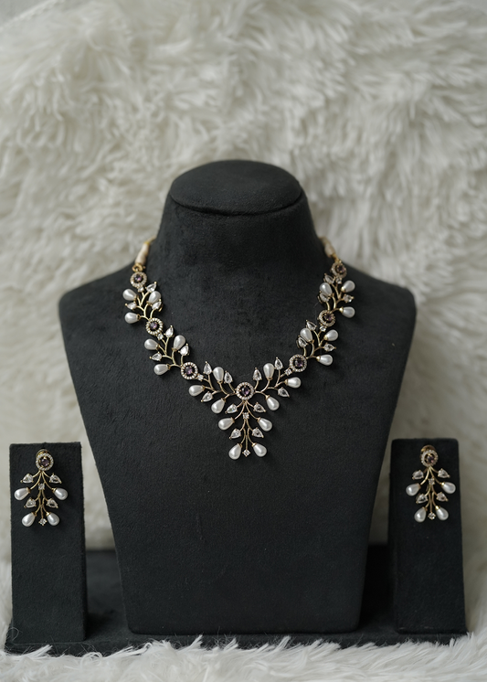 Gold-Plated AD Stone & Pearl Necklace Set